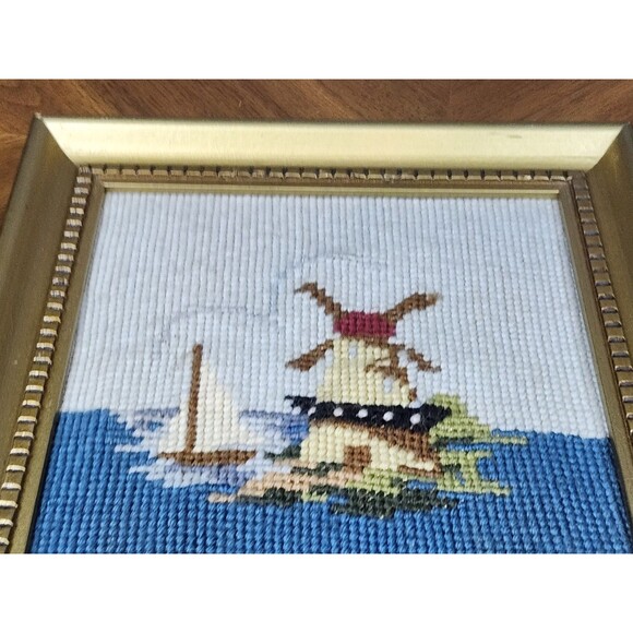 Vintage Framed Needlepoint Windmill & Sailboat Scene Signed 8' x 9' - Picture 3 of 11